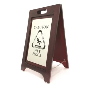Hospitality 1 Source® Caution Wet Floor Sign, Bilingual English Spanish, Walnut Finish, Nickel Plate