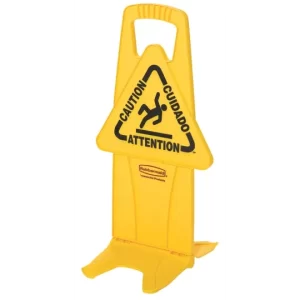 Rubbermaid 26 Inch Multilingual "Caution" Stable Safety Sign, 2-Sided, Yellow